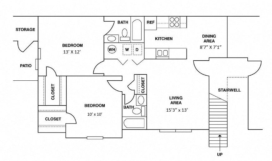 Floor plan for 2 beds, 2 baths, 1000 sqft